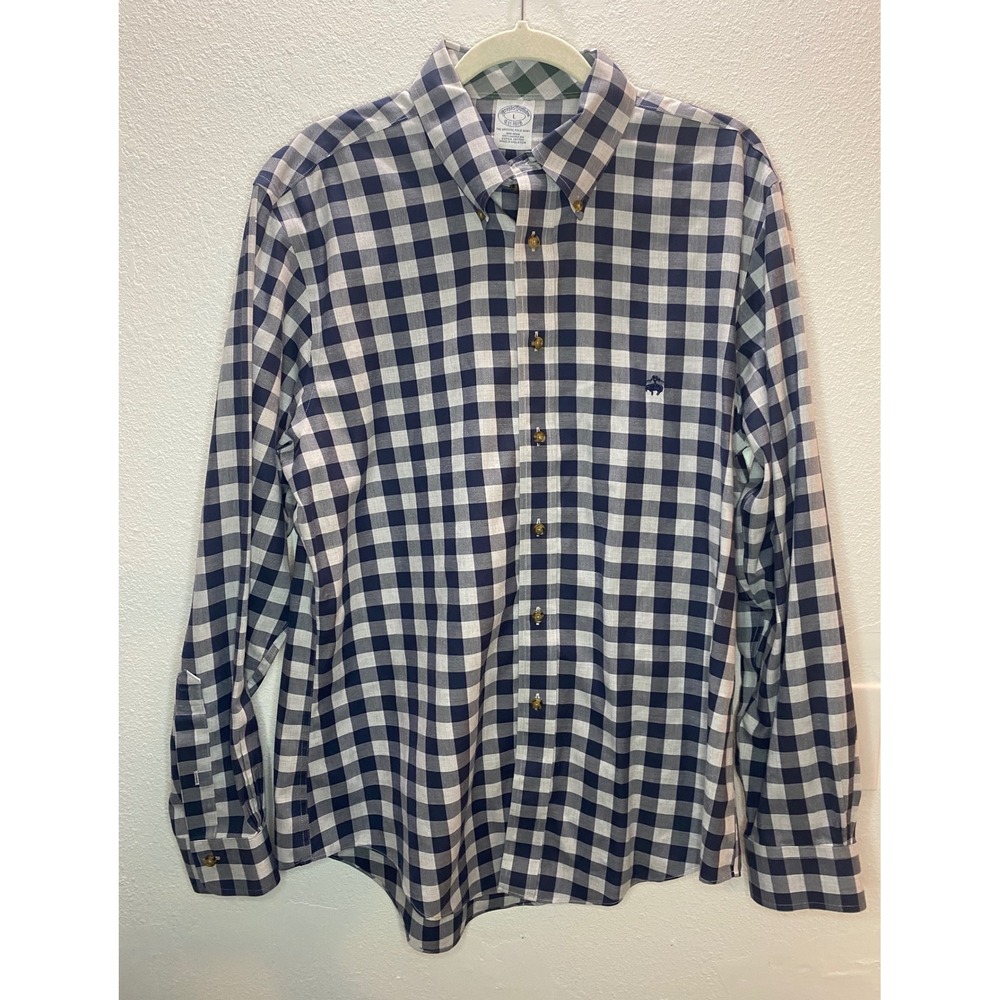 Brooks Brothers Button Down Mens L Navy White Gingham Non-Iron Supima
